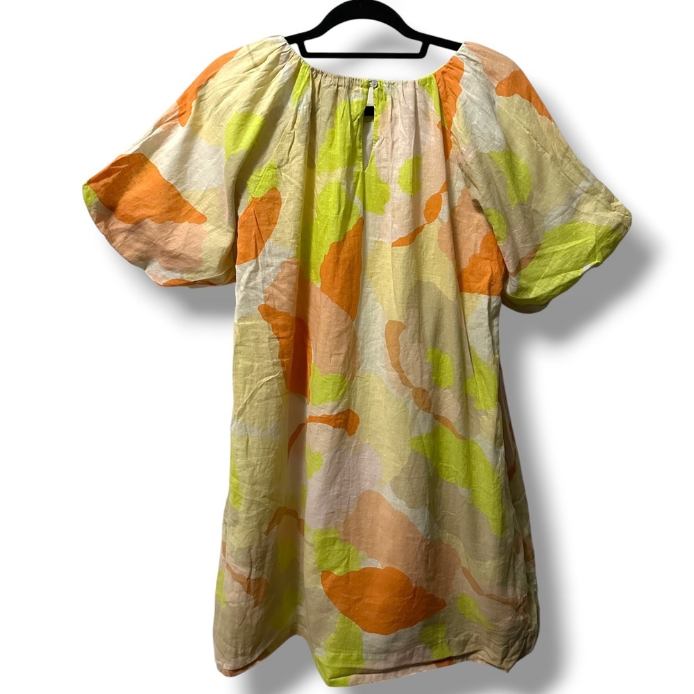 Every Abstract Floral Linen Blend Puff Sleeve Mini Dress M Boho Retro Coastal - Picture 5 of 11